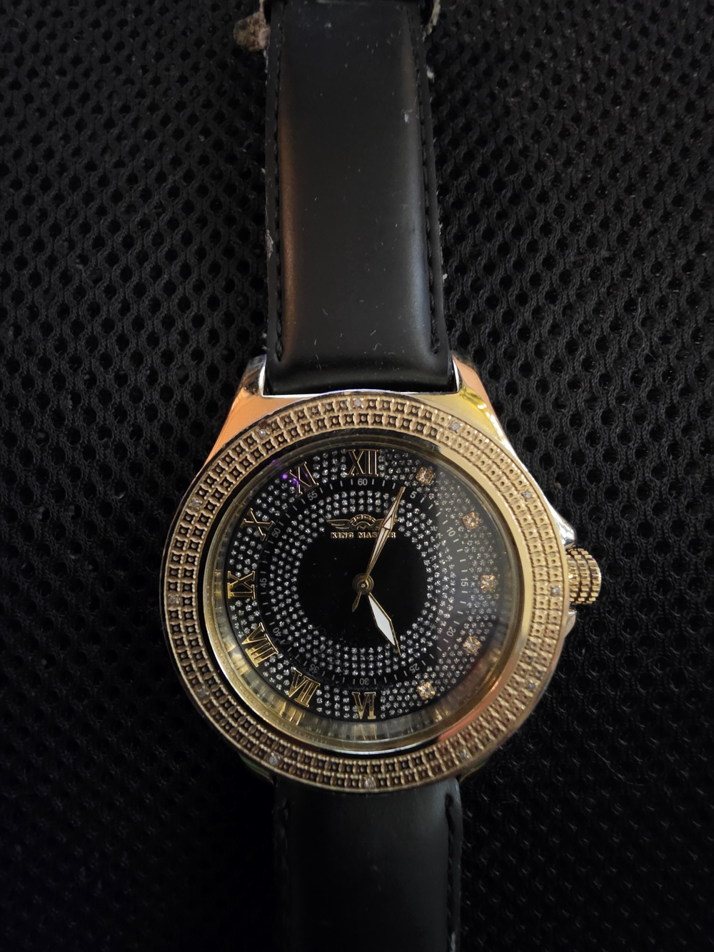Gold-Tone Round Smartwatch with Black Dial and Black Strap